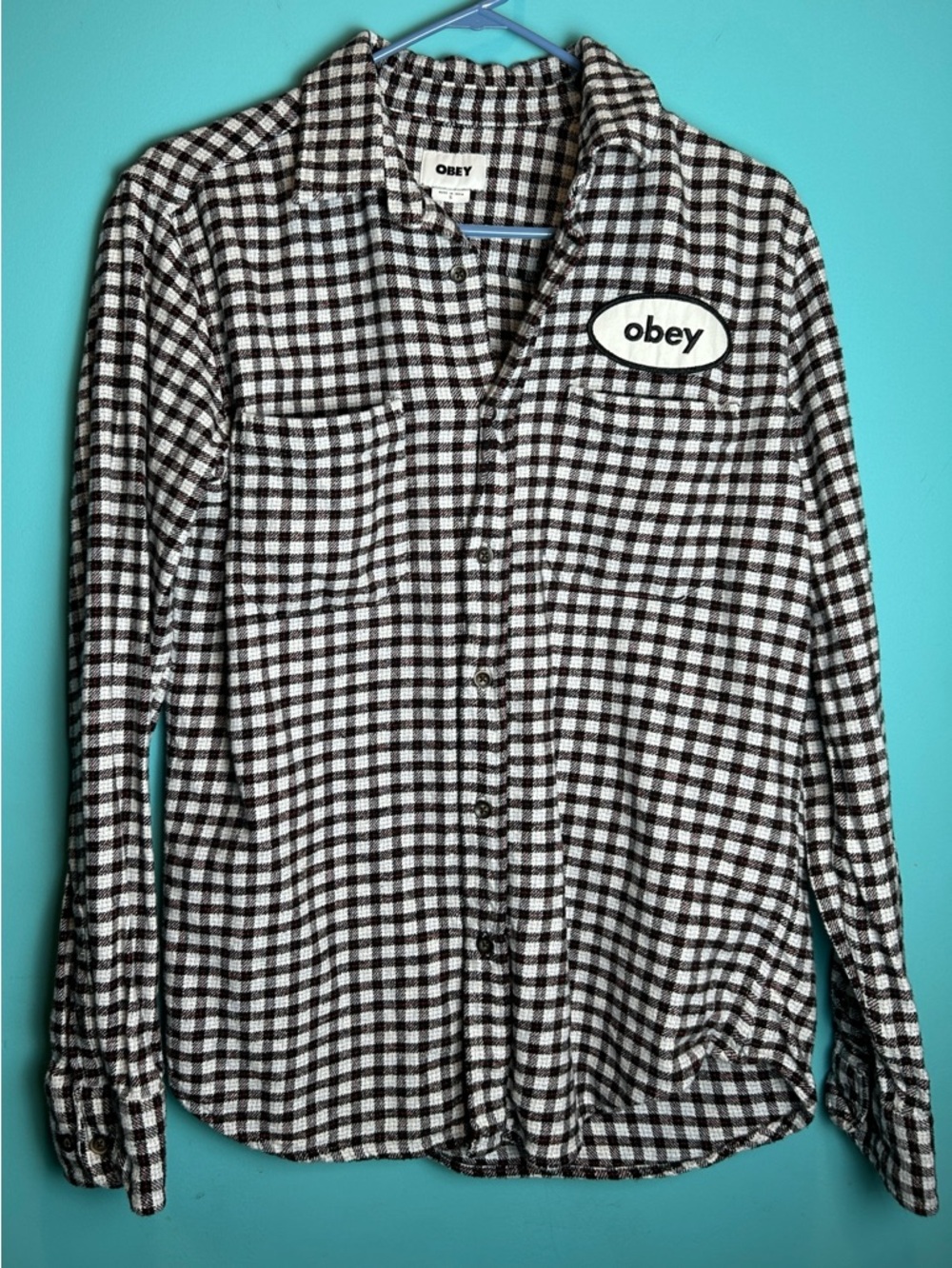 Obey Black & White Checked Flannel Shirt with Logo Patch